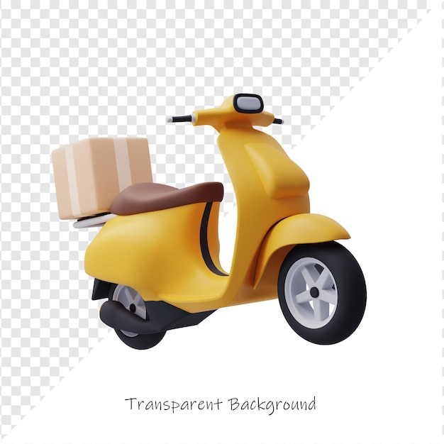 Scooter amarelo de desenho animado 3D com pacote de entrega