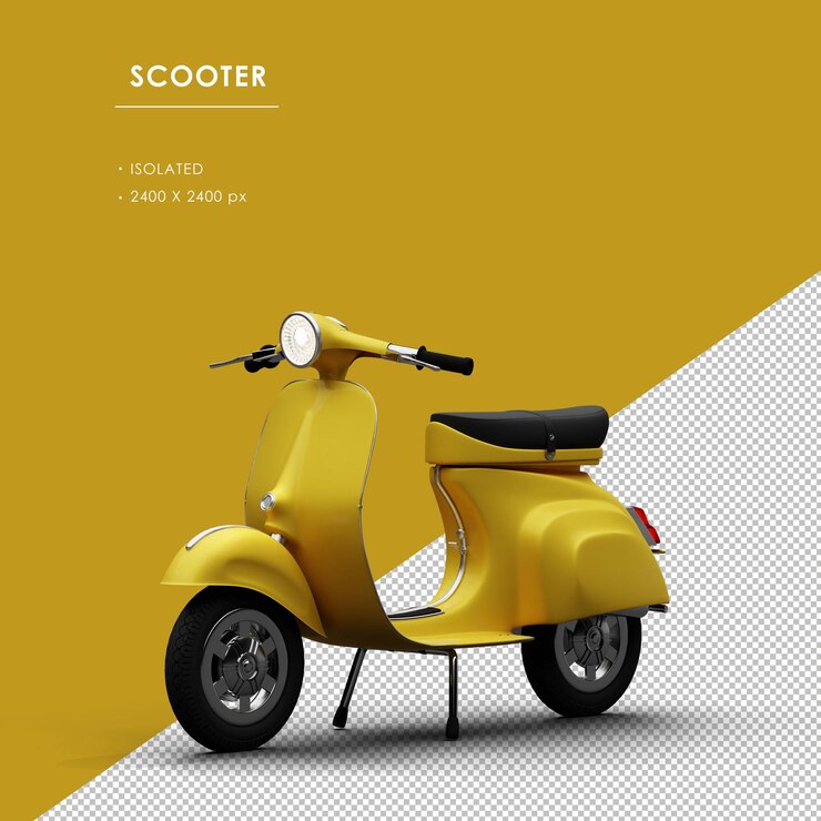 PSD scooter amarelo isolado da vista frontal esquerda