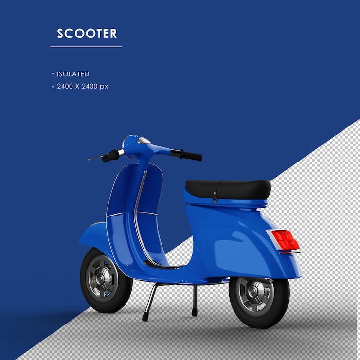 PSD scooter azul isolada da vista traseira esquerda
