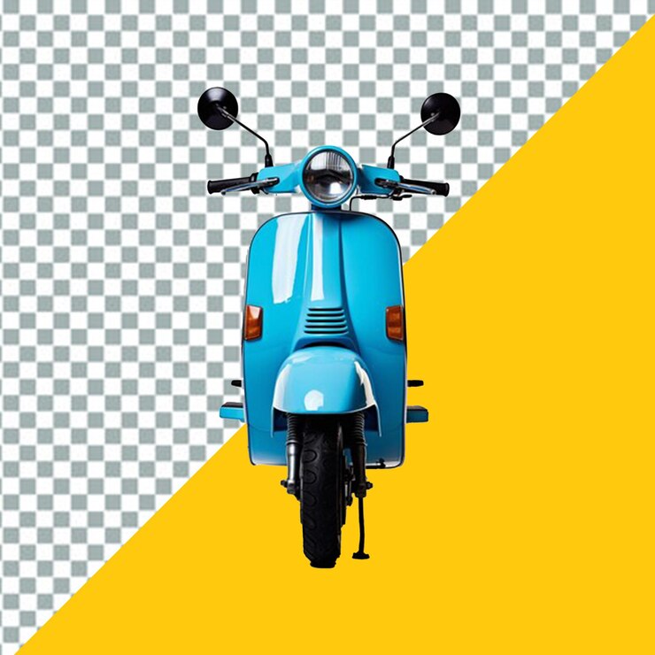 El scooter azul psd se muestra sobre un fondo transparente amarillo