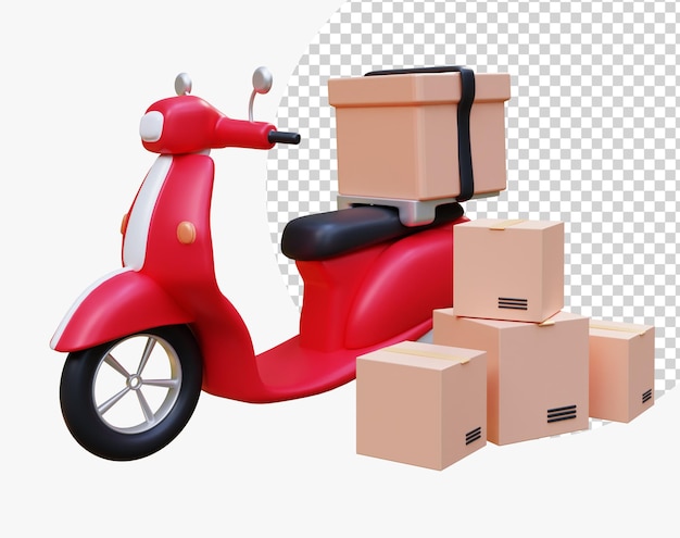 Scooter con caja de cartón Concepto de servicio de entrega en línea Concepto de comercio electrónico Servicio de comida de pedido de restaurante en línea Compras en línea y servicio de entrega en la aplicación móvil Representación 3d
