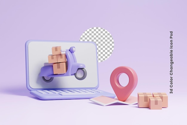 Scooter de entrega 3d con cajas de cartón en la ubicación del pin o servicio de entrega 3d con scooter