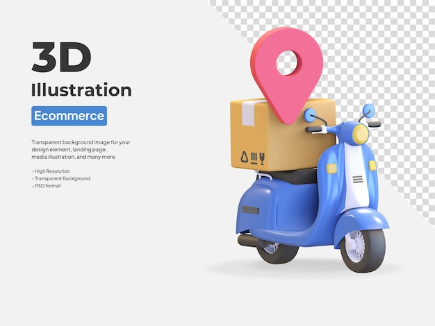 Scooter entrega paquete ubicación mapa icono 3d render ilustración