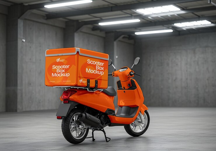 PSD scooter orange avec boîtes de livraison mockup dans un garage moderne