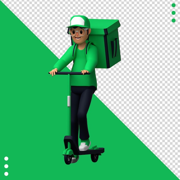 Un scooter de reparto de caja verde con un hombre montado en él.
