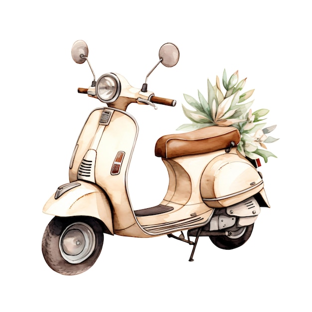 PSD scooter vintage avec une plante verte