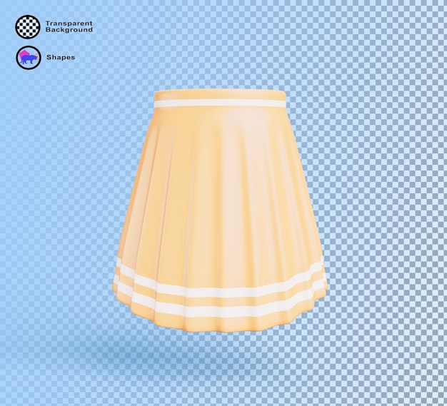 Scorta femminile gialla 3D con strisce e pieghe bianche isolate su sfondo blu Render modello di cartone animato di gonna femminile piegata di lunghezza midi modello di abbigliamento satinato femminile di moda
