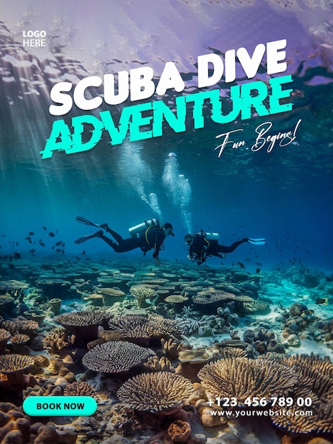 Scuba Dive Summer Sea Adventure Explore Ocean Business Flyer Design Poster Template Social Media