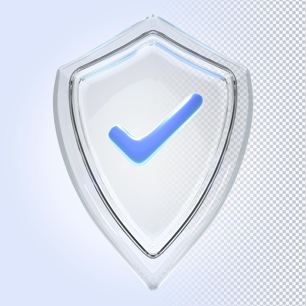 Scudo di vetro con segno di spunta isolato su sfondo blu vista frontale 3d rendering Simbolo di protezione e sicurezza con icona segno di spunta modello di certificato di sicurezza di accesso al computer o al telefono