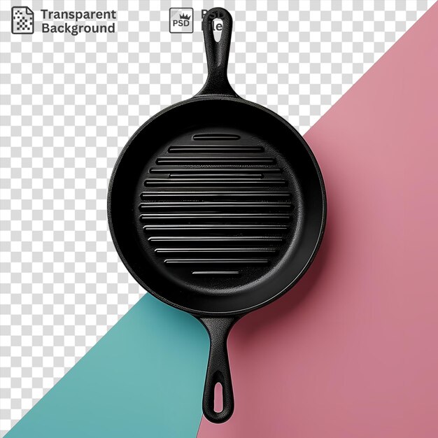 Sd sartén de parrilla con mango negro en fondo rosa y azul