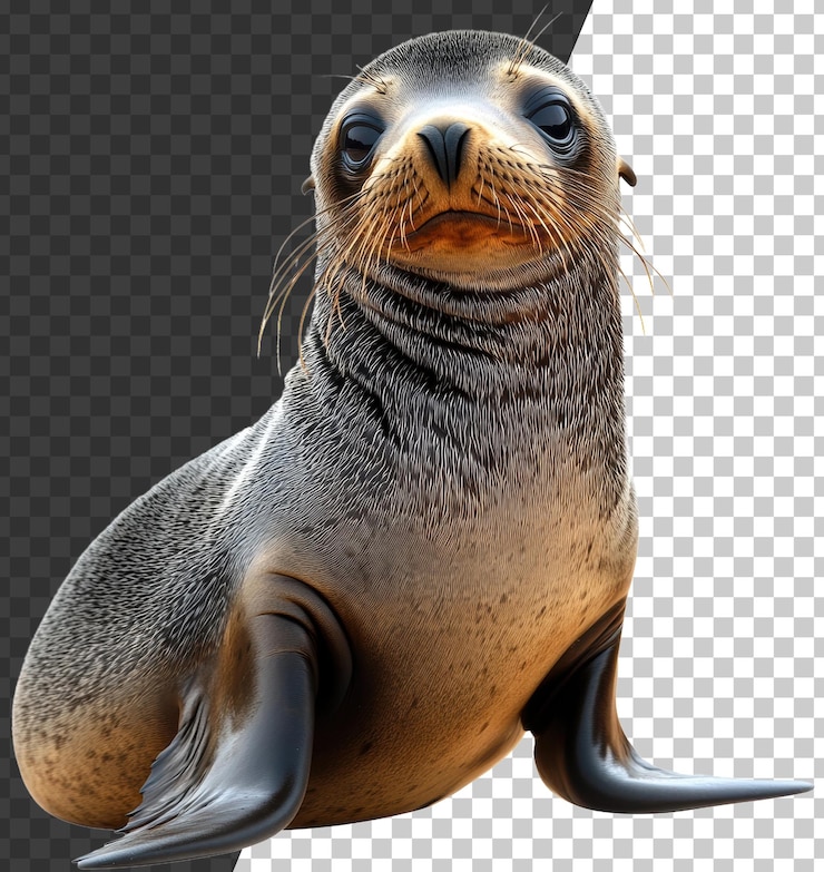 PSD seal resting on a rocky shore in sunlight cut out stock png