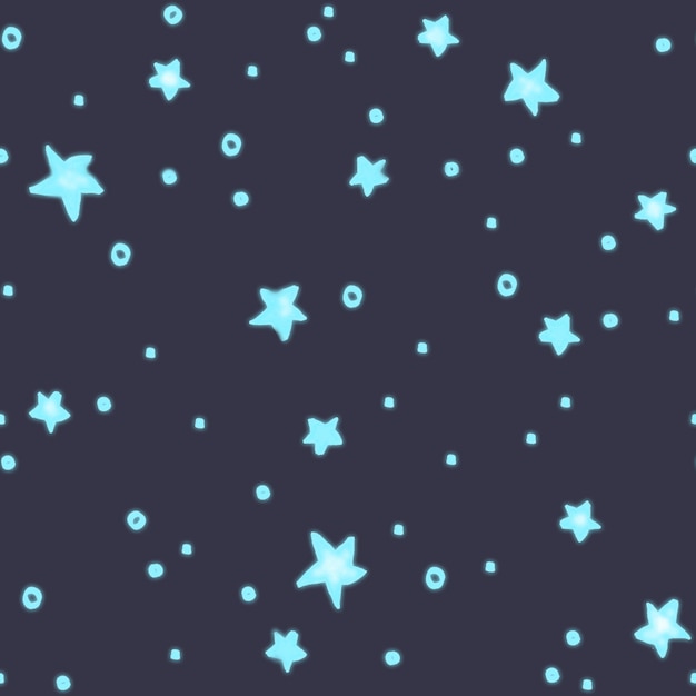 Seamless pattern of unevenly drawn blue stars with glow effect