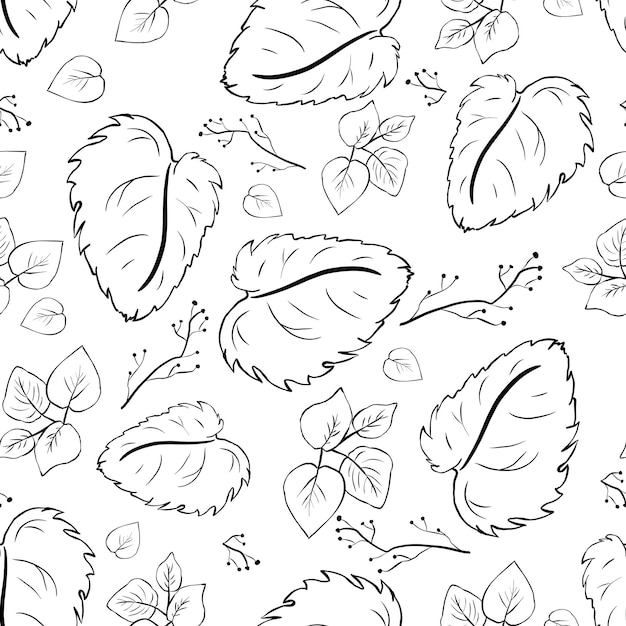 seamless pattern with large leaves thistle flowers and twigs black and white illustration