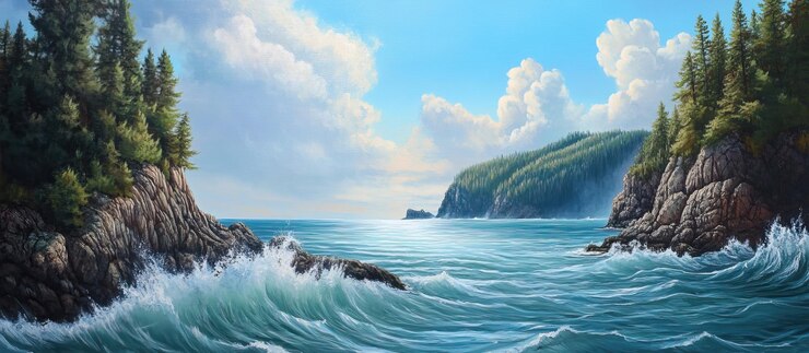 PSD seascape with rocky cliffs and crashing waves
