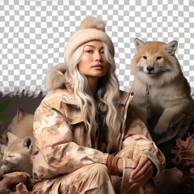 PSD seasian woman wilderness fashionista se quita en la perca pastel para la fotografía de la vida silvestre