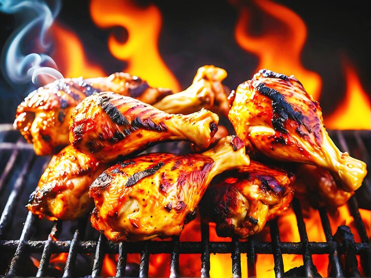 seasoned juicy chicken drumsticks grilled on barbecue with fire and smoke background