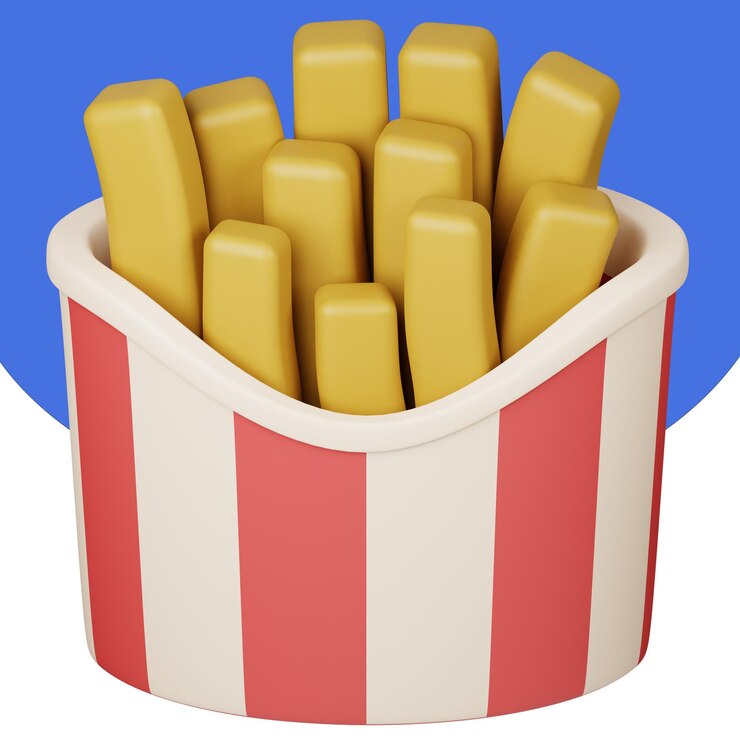 PSD un seau de frites rouge et blanc est représenté sur un fond bleu.