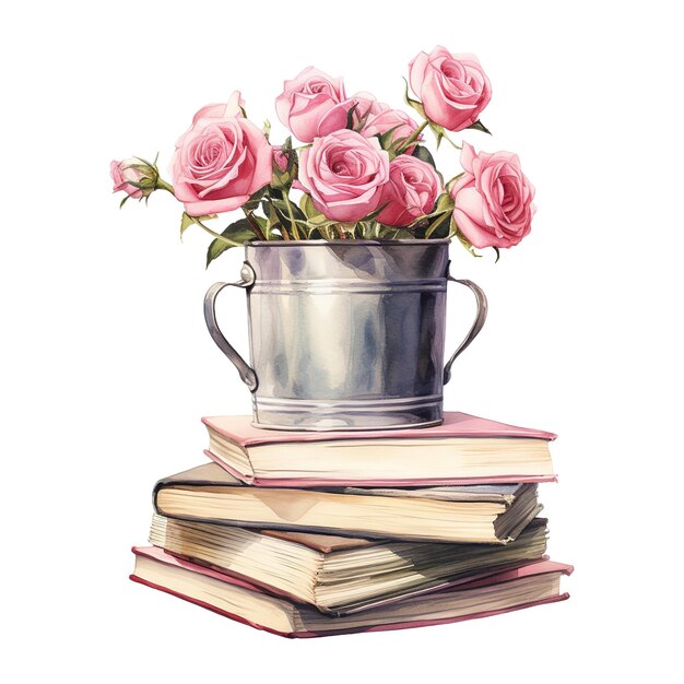 PSD seau de roses roses sur une pile de livres image générée par l'ia