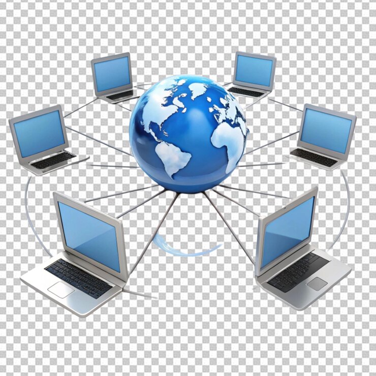 PSD sebuah globe yang dikelilingi oleh laptop dan komputer dengan latar belakang transparan