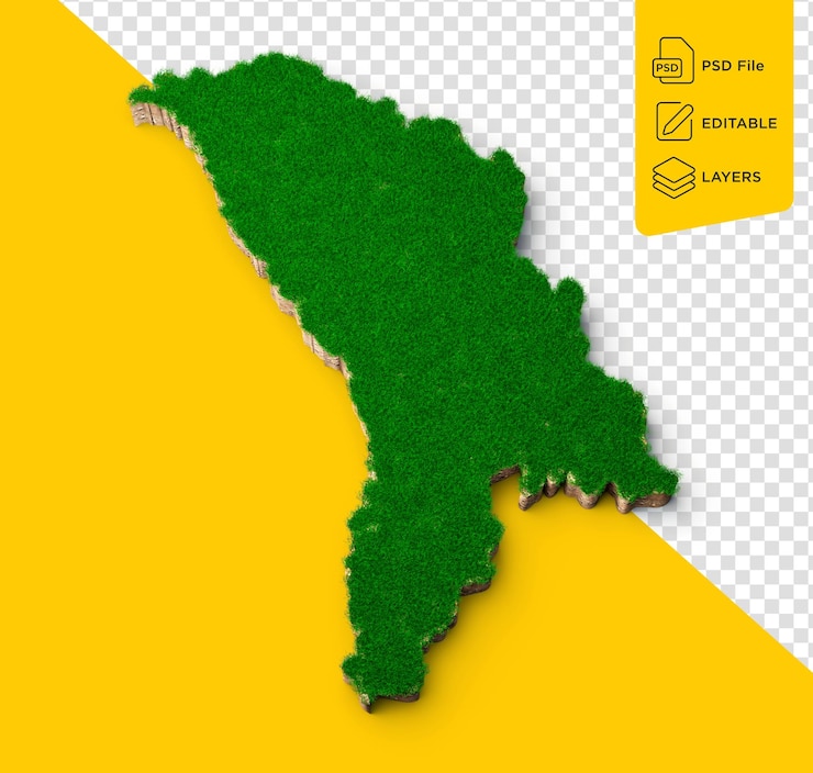 PSD seção transversal da geologia terrestre do mapa da moldávia com grama verde e ilustração 3d da textura do solo rochoso