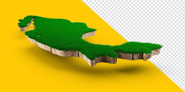 Seção transversal da geologia terrestre do mapa do México com grama verde e ilustração 3d da textura do solo rochoso