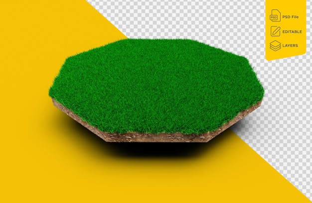 Sección transversal de la geología del suelo de forma octogonal con hierba verde cortada Ilustración 3D aislada
