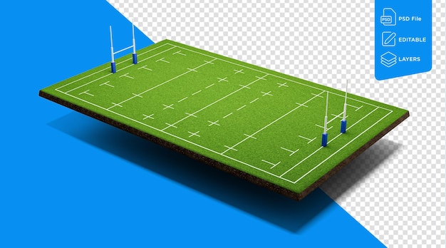 PSD sección transversal de rugby ground con ilustración 3d de campo de hierba verde