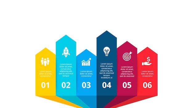 PSD sechs pfeile infografik-elemente geschäftsvorlage für die präsentation konzept mit 6 optionen oder schritten