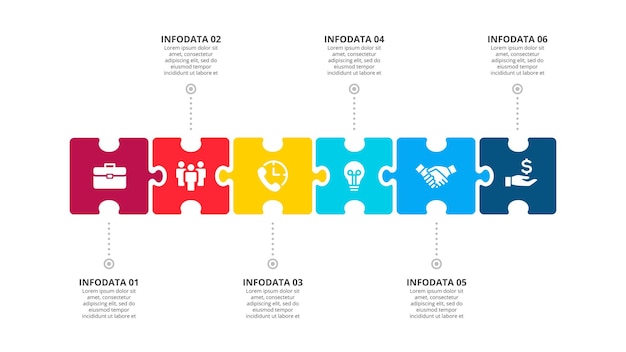 Sechs puzzleteile in horizontaler reihe angeordnet infografik-designvorlage