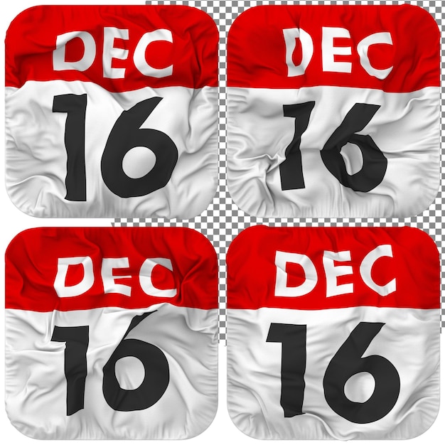 Sechzehnter 16. Dezember Datumskalendersymbol isoliert Vier winkende Bump-Textur 3D-Rendering