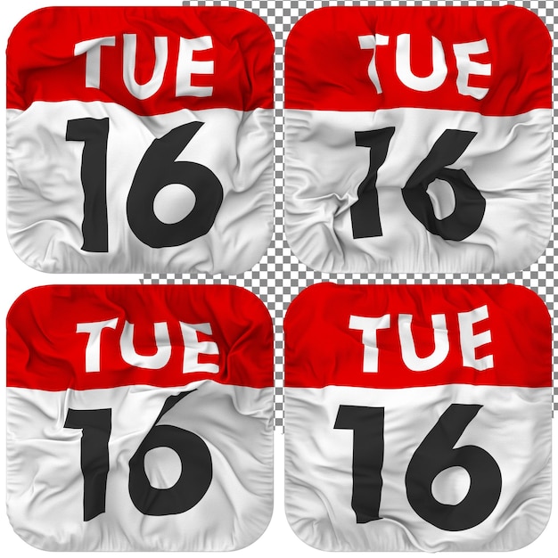 Sechzehnter, 16. Dienstag, Datum, Kalendersymbol, isoliert, Vier-Wellen-Stil, Bump-Textur, 3D-Rendering