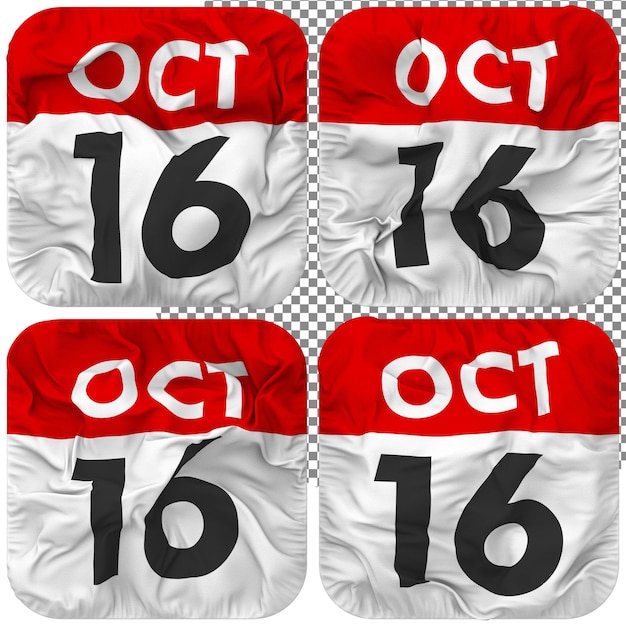 Sechzehnter 16. Oktober Datumskalendersymbol isoliert Vier winkende Bump-Textur 3D-Rendering