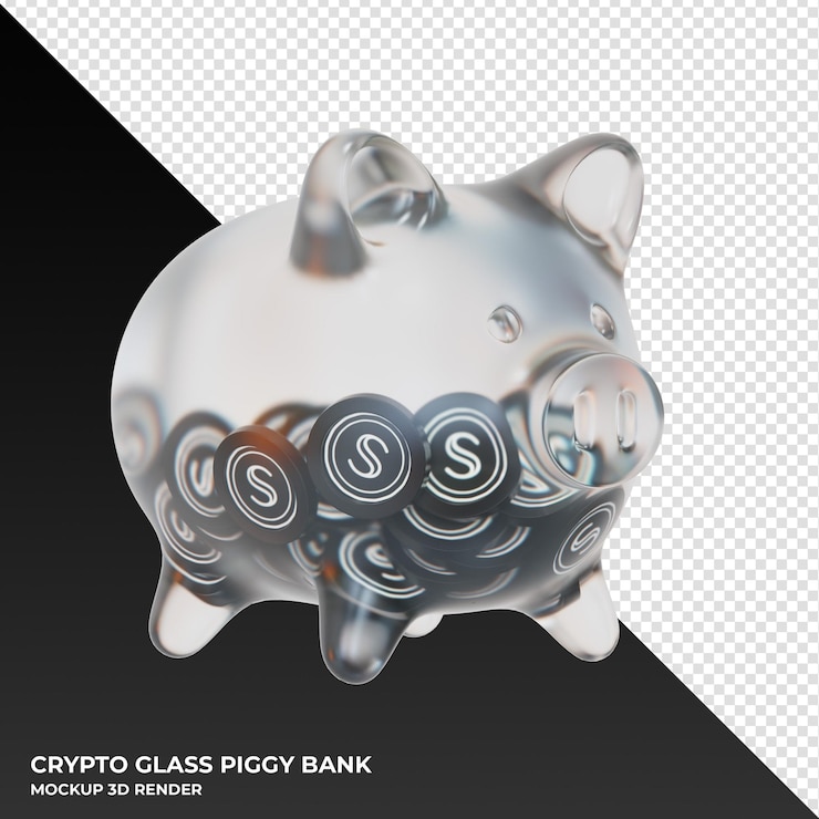 PSD secret scrt glass piggy bank with crypto coins 3d illustration