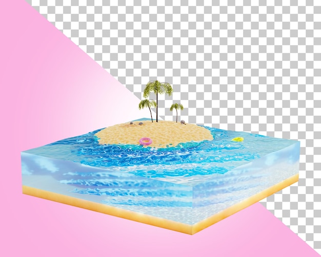 Section d'eau et une île avec des palmiers Morceau d'une île dans l'océan Rendu 3d de l'île tropicale