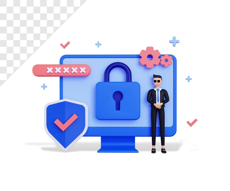 PSD sécurité 3d avec personnage masculin et icône de protection