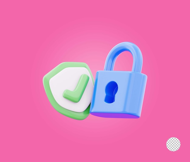 Security padlock with checkmark shield representing secure data privacy protection icon 3d render