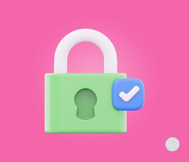 Security padlock with checkmark symbol representing secure data privacy protection icon 3d render
