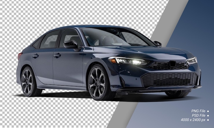 PSD el sedán azul honda civic híbrido 2025 aislado en un fondo transparente