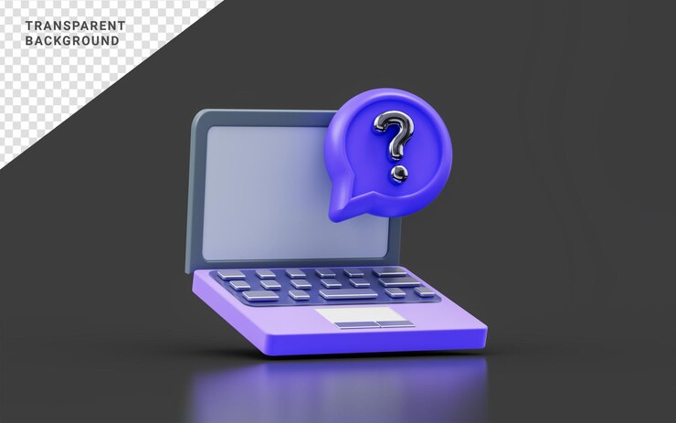 PSD segno del laptop con punto interrogativo su sfondo scuro concetto di rendering 3d per problema dispositivo di confusione