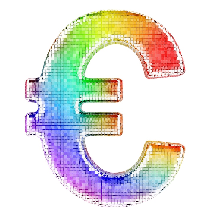 PSD segno dell'euro da facce di specchio luccicante rendering 3d isolato su sfondo trasparente