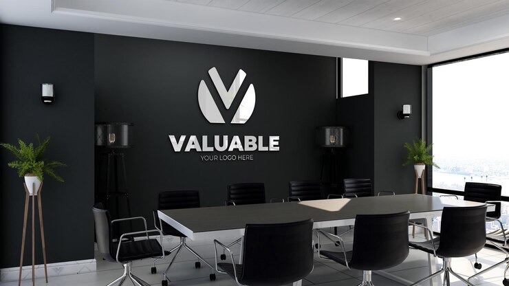 Segno di mockup logo 3d nella sala riunioni dell'ufficio con parete nera