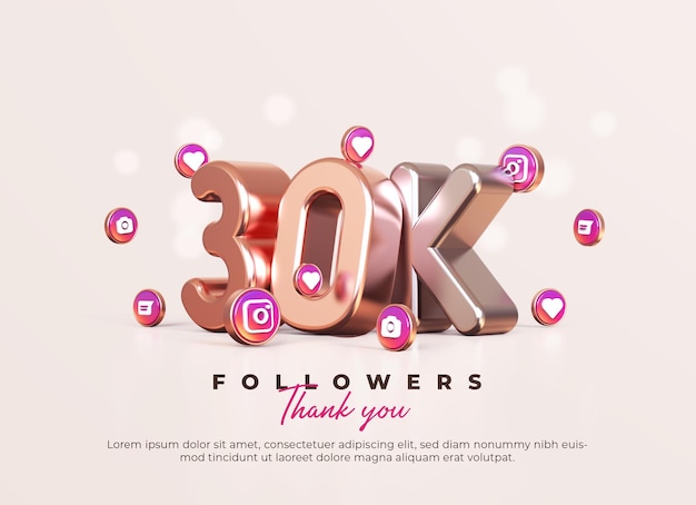 PSD seguidores de oro rosa y plata 3d 30k gracias con iconos de instagram
