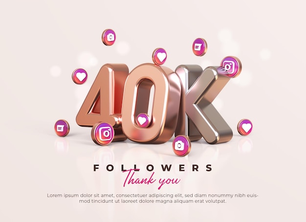 Seguidores de oro rosa y plata 3d 40k gracias con iconos de instagram