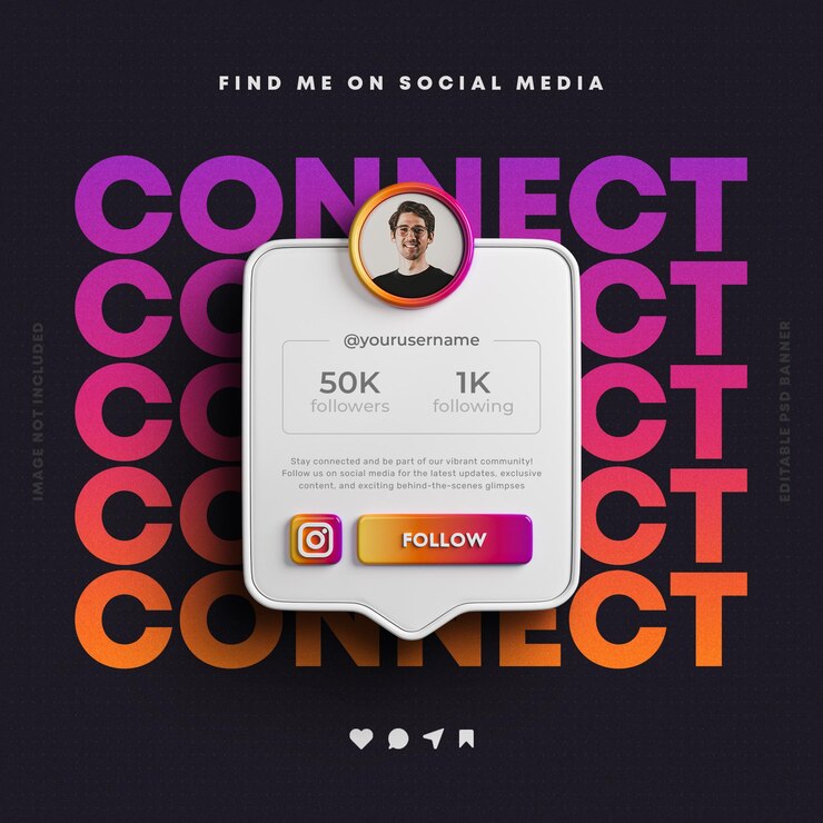 Seguiteci su Instagram per i social media e pubblicate il banner del rendering 3D