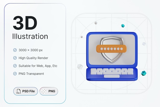 Segurança cibernética de objeto de senha de renderização 3d para aplicativos de design moderno e web