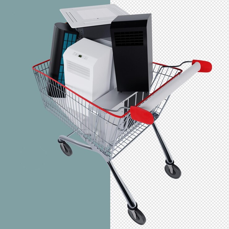 PSD seis acondicionadores de aire en un carrito de compras 3d sin fondo