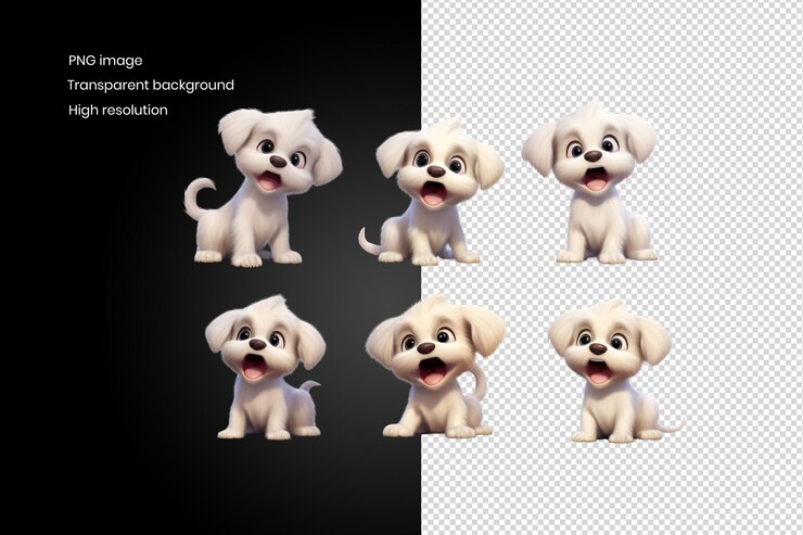 PSD seis adorables cachorros blancos con diferentes posturas y expresiones fondo eliminado