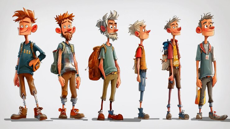PSD seis diseños de personajes de dibujos animados de excursionistas que muestran diferentes edades y estilos
