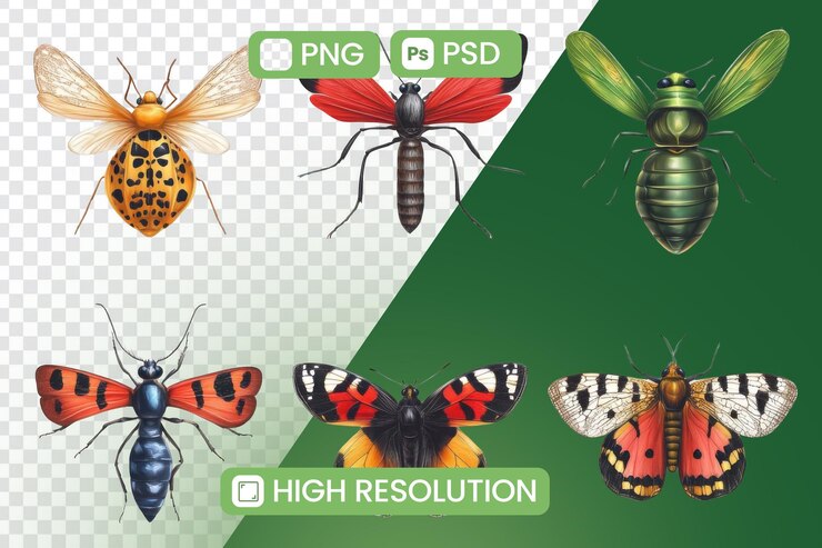 PSD seis insectos muestran sus coloridas alas y cuerpos con tema entomológico