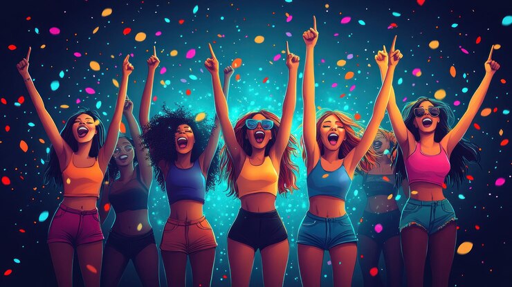 PSD seis mulheres com os braços levantados celebrando com confetes caindo em torno deles